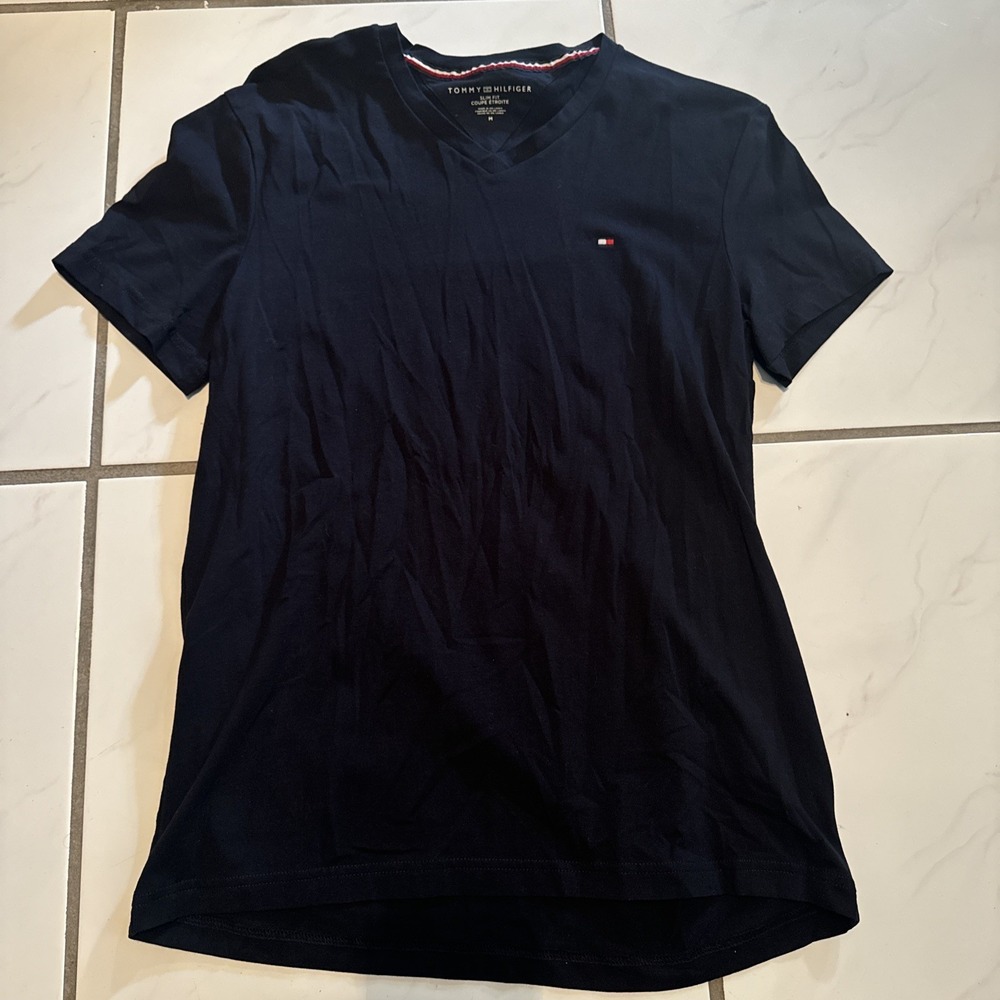 TOMMY HILFIGER Mens Slim Fit T-Shirt Top M Blue Cotton Logo Embroidered Y2K
